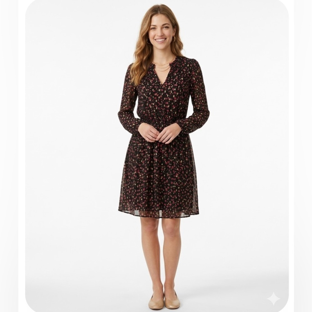 🔥ON SALE! J.Crew Floral  Long Sleeve Mini Dress V-Neck Ruffle Detail Black Sz 4